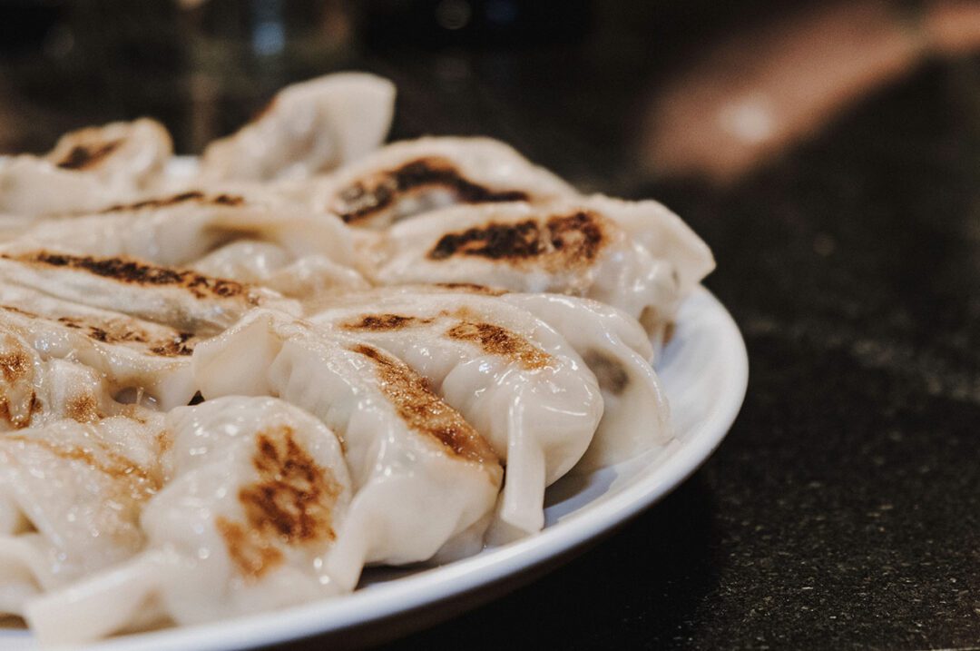 Gyoza gefüllt mit Kraut-Pilz-Fleisch-Füllung.